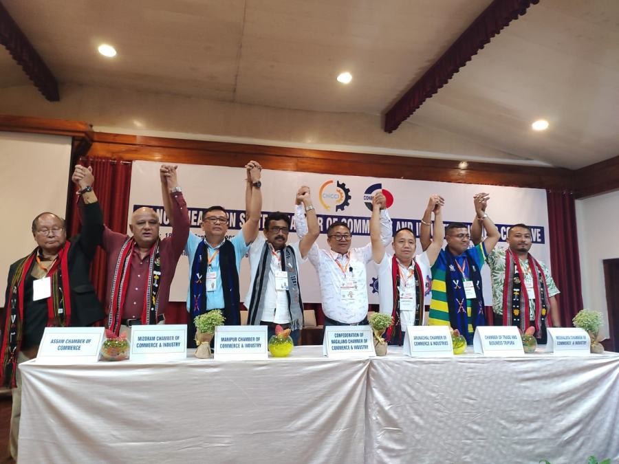 Delegates representing the chambers of commerce from Assam, Meghalaya, Arunachal Pradesh, Mizoram, Tripura, Manipur and Nagaland on the closing day of the first NE States Chamber of Commerce and Industry Business Conclave hosted by the CNCCI on September 20. (Morung Photo)